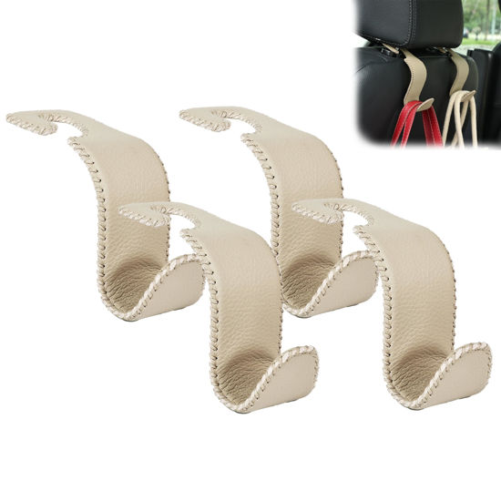 Picture of Amooca Car Seat Headrest Hook Universal Vehicle Storage Hanger Leather with Metal Car Seat Back Organizer for Handbag Purse Coat Beige 4 Pack