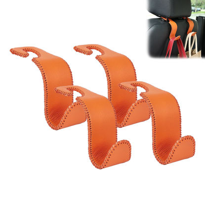 Picture of Amooca Car Seat Headrest Hook Universal Vehicle Storage Hanger Leather with Metal Car Seat Back Organizer for Handbag Purse Coat Orange 4 Pack