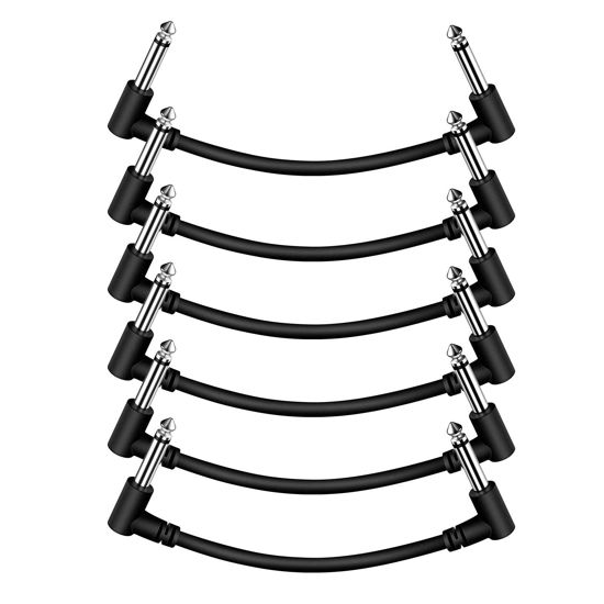 Picture of Sovvid 6 Pack 3 Inch Guitar Patch Cables, Black Guitar Pedal Cable Effect Cable Cord, 1/4" inch TS Right Angle Guitar Patch Cable