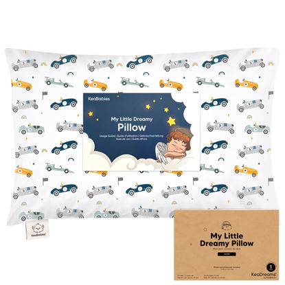 Picture of KeaBabies Toddler Pillow with Pillowcase, Jumbo 14X20 - Soft Organic Cotton Toddler Pillows for Sleeping - Machine Washable - Perfect for Travel, Toddler Bed Set (Racecars)