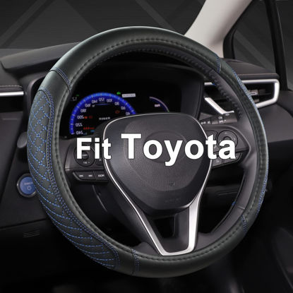 Picture of West Llama Customized Auto Car Steering Wheel Cover for Toyota Rav4 Corolla Camry Highlander(Diamond Quilted-Black+Blue-Standard Size)