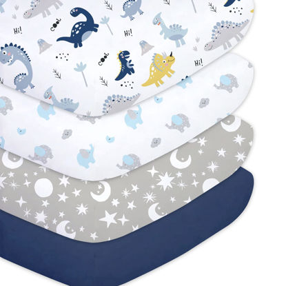 Picture of Plushii Crib Sheets for Baby Boys 4 Pack, 28"x 52" Extra Soft Microfiber Crib Sheet Set for Standard Crib & Toddler Mattress Pad, Dinosaur & Elephant & Stars & Navy Blue