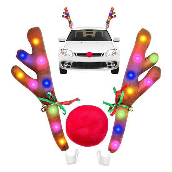 Picture of Car Christmas Decorations Reindeer Antler with Light, Christmas Car Decor Kit with Jingle Bells Rudolph Reindeer and Red Nose, Car Accessories Decoration Kit Best for Car SUV Van Truck