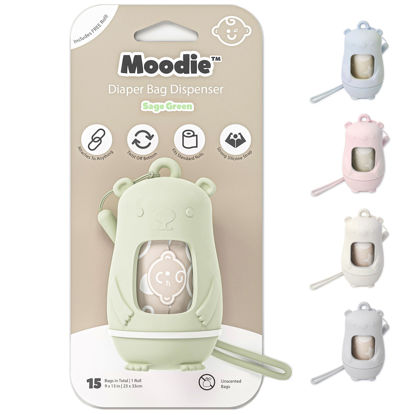 Picture of Teddy Bear Diaper Bag Dispenser | Diaper Trash Bags on the Go Dispenser w/Silicon Strap | 15 UNSCENTED Baby Poop Bags per Roll | Dirty Diaper Bags Disposable | Diaper Waste Bags (SAGE GREEN)