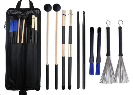 Picture of TUOREN Drumstick Bag with Floor Tom Hooks Includ 5 Pairs Drum Sticks Mallets Brushes Set Percussion Instrument Accessories for Kids Adults Drummer Practice Black