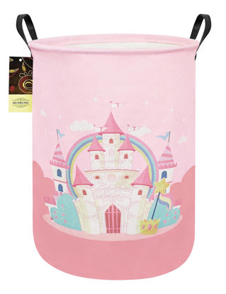 Picture of HUNRUNG Laundry Hamper,Large Canvas Fabric Lightweight Storage Basket Toy Organizer Dirty Clothes Collapsible Waterproof for College Dorms(Pink Castle)