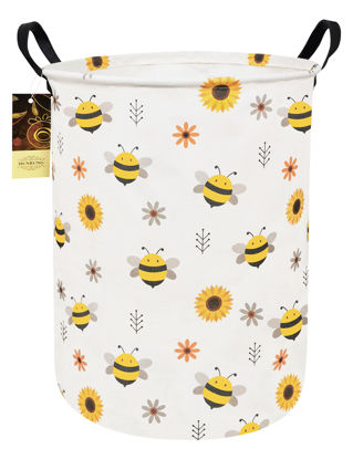 Picture of HUNRUNG Laundry Hamper,Large Canvas Fabric Lightweight Storage Basket Toy Organizer Dirty Clothes Collapsible Waterproof for College Dorms(Round-Bee)