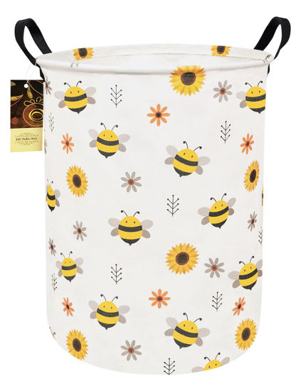 Picture of HUNRUNG Laundry Hamper,Large Canvas Fabric Lightweight Storage Basket Toy Organizer Dirty Clothes Collapsible Waterproof for College Dorms(Round-Bee)