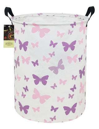 Picture of HUNRUNG Laundry Hamper,Large Canvas Fabric Lightweight Storage Basket Toy Organizer Dirty Clothes Collapsible Waterproof for College Dorms（Round-Butterfly）