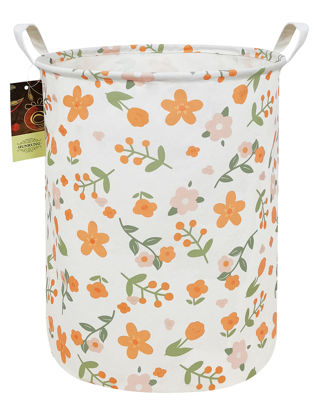 Picture of HUNRUNG Laundry Hamper,Large Canvas Fabric Lightweight Storage Basket Toy Organizer Dirty Clothes Collapsible Waterproof for College Dorms（Round-Orange Flower）