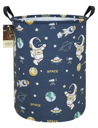 Picture of HUNRUNG Laundry Hamper,Large Canvas Fabric Lightweight Storage Basket Toy Organizer Dirty Clothes Collapsible Waterproof for College Dorms（Round-Blue Space Astronaut）