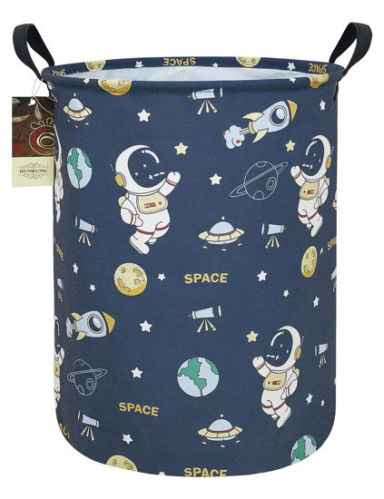 Picture of HUNRUNG Laundry Hamper,Large Canvas Fabric Lightweight Storage Basket Toy Organizer Dirty Clothes Collapsible Waterproof for College Dorms（Round-Blue Space Astronaut）