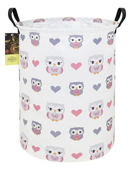 Picture of HUNRUNG Laundry Hamper,Large Canvas Fabric Lightweight Storage Basket Toy Organizer Dirty Clothes Collapsible Waterproof for College Dorms（Round-Love Owl）
