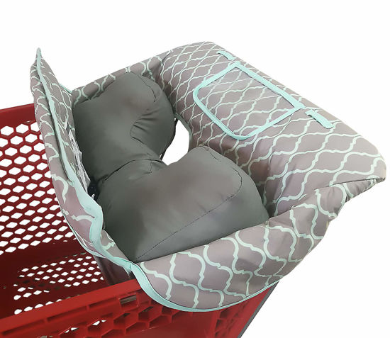 Picture of Soft Pillow Attached 2-in-1 Shopping Cart and High Chair Cover for Baby, Cotton Padded Cart Cover, Fold'n Roll Style, Portable with Carry Bag (Gray Grid)