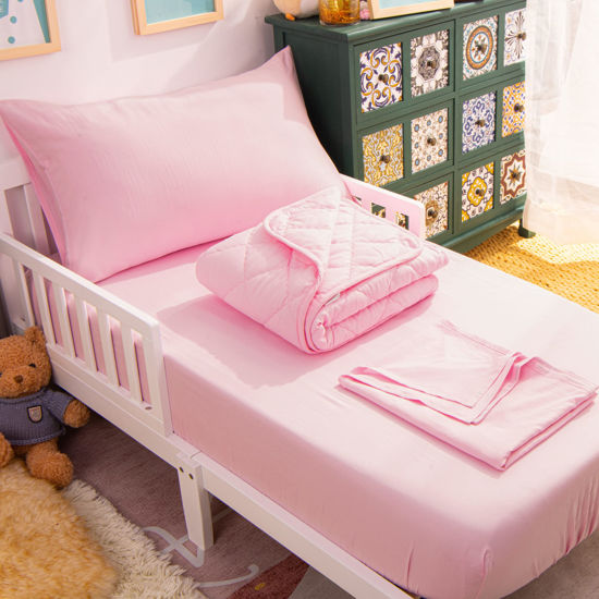 Picture of NTBAY Toddler Bedding Set - 4 Piece Soft and Breathable Crib Bedding Set for Boys and Girls, Includes Quilted Comforter, Fitted Sheet, Flat Top Sheet and Envelope Pillowcase, Pink