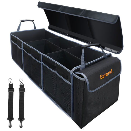 Picture of EAROND Car Trunk Organizer with Lid,Collapsible Car Storage Organizer with Multi Compartments and Securing Straps for SUV,Sedan,Jeep-Black & Grey