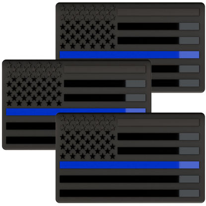 Picture of Embossed 3D Metal Thin Blue Line All Black American Flag Emblem Decal Stickers (3 Pack), Matte Black 5" x 3" Patriotic USA US Flag Decals for Car, Truck, Motorcycle Honoring Police Law Enforcement