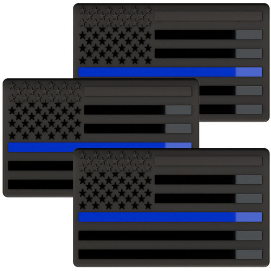 Picture of Embossed 3D Metal Thin Blue Line All Black American Flag Emblem Decal Stickers (3 Pack), Matte Black 5" x 3" Patriotic USA US Flag Decals for Car, Truck, Motorcycle Honoring Police Law Enforcement