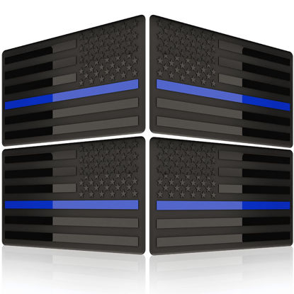 Picture of Embossed 3D Metal Thin Blue Line All Black American Flag Emblem Decal Stickers (2 Pairs), Matte Black 5" x 3" Patriotic USA US Flag Decals for Car, Truck, Motorcycle Honoring Police Law Enforcement