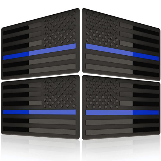 Picture of Embossed 3D Metal Thin Blue Line All Black American Flag Emblem Decal Stickers (2 Pairs), Matte Black 5" x 3" Patriotic USA US Flag Decals for Car, Truck, Motorcycle Honoring Police Law Enforcement