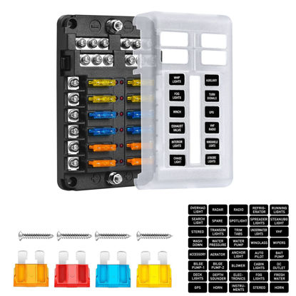 Picture of 12-Way Marine Fuse Block,Waterproof 12v Fuse Block with LED Indicator for 12V/24V Automotive Golf Cart Truck Car Boat Marine RV Motorcycle