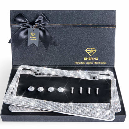 Picture of Shering Bling License Plate Frame, 2 Pack License Plate Frame with Premium Gift Box for Women,Rhinestone License Plate Frames with 1200pcs Rhinestones(Sliver Rhinestone)