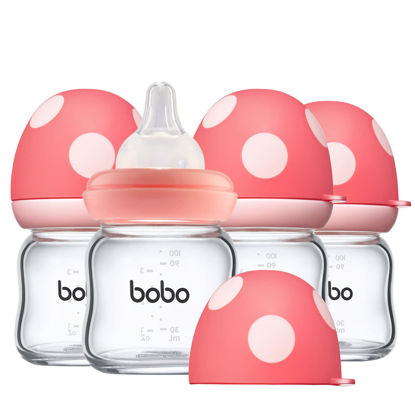 Picture of YOHKOH Natural Glass Baby Bottle with Natural Response Nipple, Newborn Anti-Colic Baby Bottles, Wide Neck Mushroom Cap Baby Bottle, Clear (3.4oz (Pack of 4), Red)