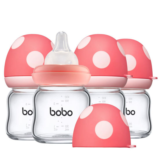 Picture of YOHKOH Natural Glass Baby Bottle with Natural Response Nipple, Newborn Anti-Colic Baby Bottles, Wide Neck Mushroom Cap Baby Bottle, Clear (3.4oz (Pack of 4), Red)