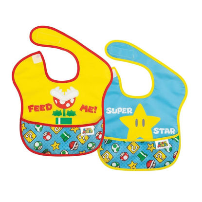Picture of Bumkins Nintendo Bibs for Girl or Boy, SuperBib Baby and Toddler for 6-24 Months, Essential Must Have for Eating, Feeding, Baby Led Weaning, Waterproof Soft Fabric, 2-pk Super Mario Expressions