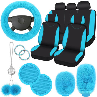 Picture of 17 Pcs Car Seat Cover Full Set for Women Universal Fit Car Front Rear Seat Covers Fluffy Steering Wheel Covers Fleece Handbrake Shift Cover Hanging Accessory Holder Ring Emblem (Turquoise Black)