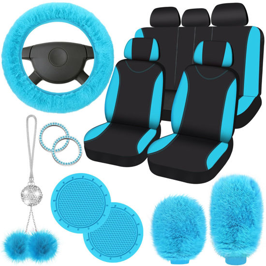 Picture of 17 Pcs Car Seat Cover Full Set for Women Universal Fit Car Front Rear Seat Covers Fluffy Steering Wheel Covers Fleece Handbrake Shift Cover Hanging Accessory Holder Ring Emblem (Turquoise Black)