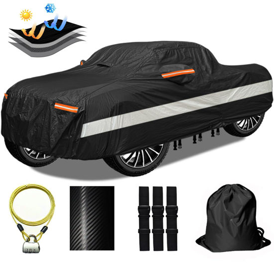 Picture of OWEEIO 30 Layers Car Cover for Automobiles All Weather Waterproof, Outdoor Snowproof UV Protection Windproof, No Zipper, Soft Cotton, Heavy Duty Universal Car Covers, (Black, Fit Truck 231"-250")