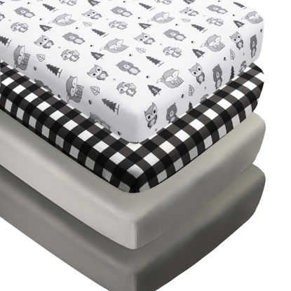 Picture of 4 Pack Woodland Forest Animals Wood Neutral Unisex Fitted Baby Crib Sheets Set for Baby Boys or Girls Black and White