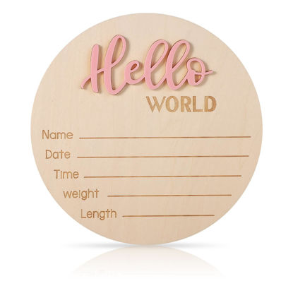 Picture of Newborn Announcement Sign, 5.9in Wooden Hello World Sign Baby Welcome Sign Birth Baby Name Plaques for Newborn Boys and Girls Photo Props Baby Shower Hospital Nursery (Light Pink)