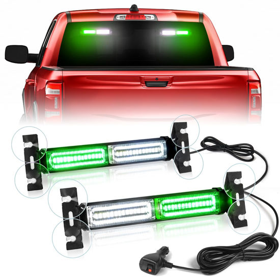 Picture of HLauto 1002L Emergency Strobe Traffic Advisor Light Bar: 40LED Dash Safety Warning Flashing Front/Rear Windshield Visor Light for Construction Vehicle, Trucks (2x10.7inch, Green White)