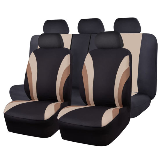 Picture of CAR PASS Line Rider Sporty Cloth 11PCS Universal Fit Car Seat Cover -100% Breathable with 5mm Composite Sponge Inside,Airbag Compatible,3zipper Bench(Full Set, Black and Beige)