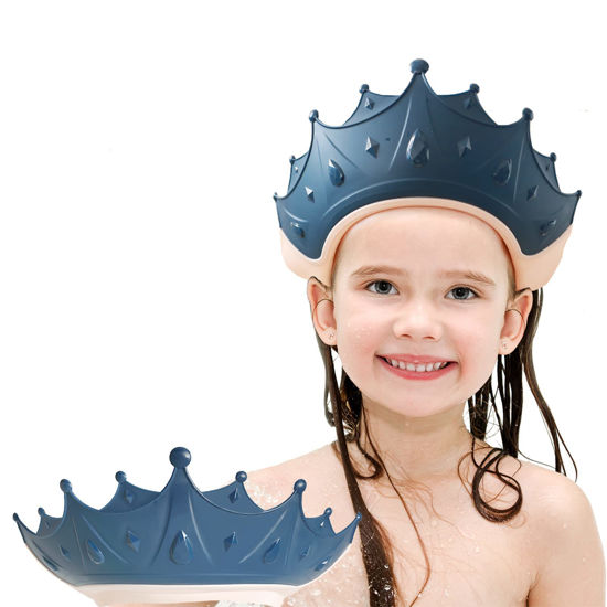 Picture of FUSACONY Baby Shower Cap Shield, Shower Cap for Kids, Visor Hat for Eye and Ear Protection for 0-9 Years Old Children, Cute Crown Shape Makes the Baby Bath More Fun(Blue)