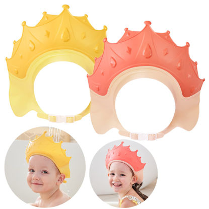 Picture of FUSACONY Baby Shower Cap Shield, Shower Cap for Kids, Visor Hat for Eye and Ear Protection for 0-9 Years Old Children, Cute Crown Shape Makes the Baby Bath More Fun (2 Pack)