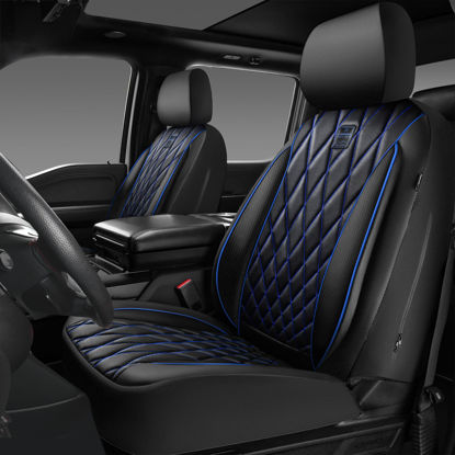 Picture of CAR PASS Piping Luxury PU Leather Two Front Car Seat Covers,Waterproof Anti- Slip Seat Covers Compatible with Front Seat Armrests,Universal Fit for Suvs,Vans,Trucks,Airbag Compatible(Black and Blue)