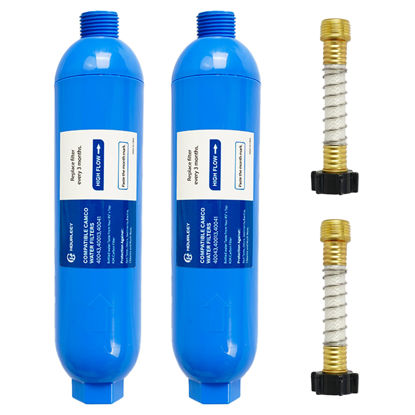 Picture of Hourleey 2 Pack RV Inline Water Filter with 2 Flexible Hose Protector, Reduce Bad Taste, Odors, Rust, Fluoride, Chlorine and Sediment in Drinking Water, Dedicated for RVs Campers Marines