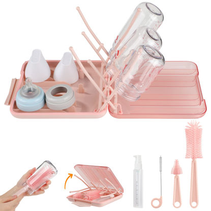 Picture of YomauiYee Baby Bottle Brush Set-6 in 1 Bottle Brush Cleaner with Silicone Bottle Brush,Drying Rack,Nipple Brush,Straw Brush,Soap Dispenser&Storage Box-Baby Essentials Gifts for Home&Travel(Pink)