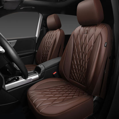 Picture of CAR PASS Piping Luxury Faux PU Leather Two Front Car Seat Covers, Waterproof Anti Slip Seat Covers Compatible with Front Seat Armrests,Universal Fit for Suvs,Vans,Trucks,Airbag Compatible, All Brown
