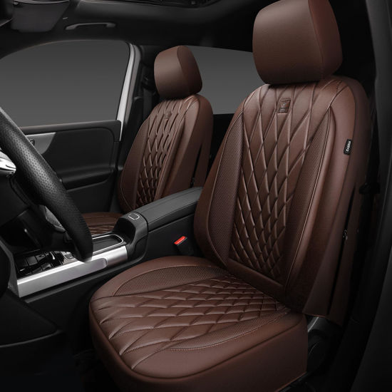 Picture of CAR PASS Piping Luxury Faux PU Leather Two Front Car Seat Covers, Waterproof Anti Slip Seat Covers Compatible with Front Seat Armrests,Universal Fit for Suvs,Vans,Trucks,Airbag Compatible, All Brown