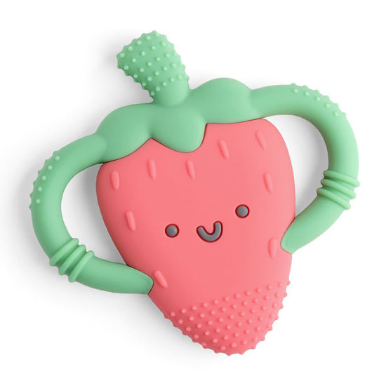 Picture of Itzy Ritzy Strawberry-Shaped Baby Teether with Handles; Silicone Teether for Babies with Easy-Grab Handles and Textured, Teethable Surfaces - Baby Teething Toy for 3 Months & Up (Strawberry)
