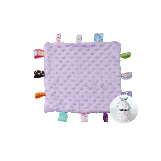 Picture of CREVENT Tag Security Blankets for Babies, Soft Small Loveys for Girls, Baby Comforter Sensory Blanket, Great Gifts for Birthday Baby Shower (10"X10" Purple Tag)
