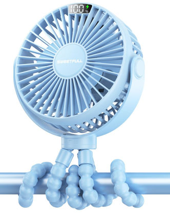 Picture of SWEETFULL Portable Stroller Fan, with Display 4000mAh Battery Powered Mini Clip On Fan, 4-Speed Rechargeable Small Personal Fan Handheld Desk Cooling Fan for Baby Car Seat Crib Travel Blue