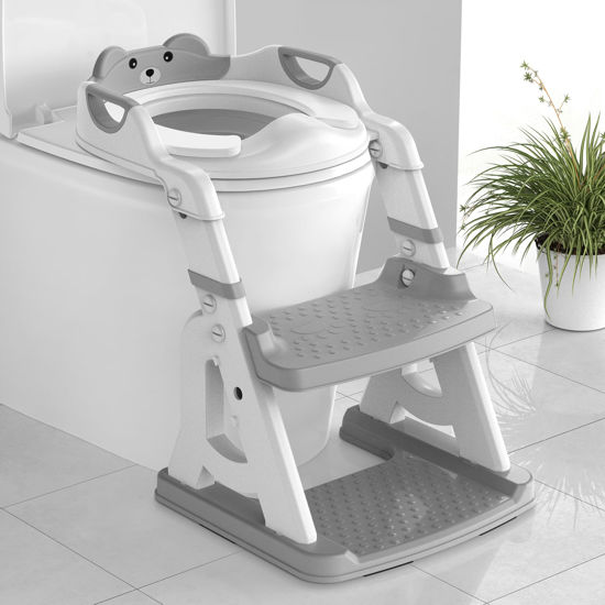 Picture of Meulife Potty Training Seat, Upgrade 2 in 1 Potty Training Toilet for Toddler, Toddler Toilet Seat for Boys Girls with Splash Guard, Anti-Slip Pad and Step Stool (Grey)