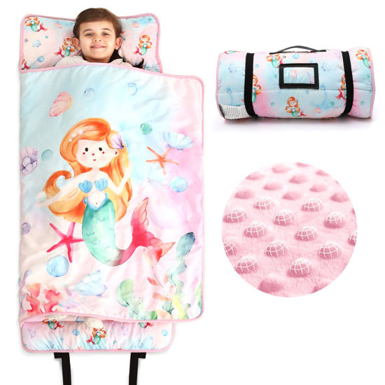 Picture of ACRABROS Toddler Nap Mat with Pillow and Blanket, Extra Large Rolled Napping Mats,Slumber Bags for Boys Girls,Kids Sleeping Bag for Daycare, Preschool Travel Camping, Shell Mermaid
