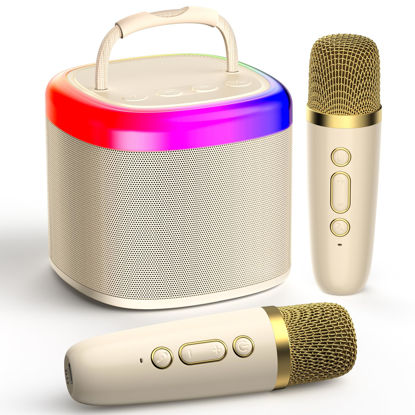 Picture of JYX Mini Karaoke Machine for Kids, Portable Bluetooth Karaoke Speaker Unpowered Cabinets with 2 Wireless Microphones and Party Lights for Adults, Birthday Gifts for Girls Boys Family Home Party(Beige)