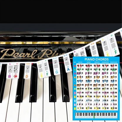 Picture of Colorful Removable Piano Keyboard Note Labels with Piano Chord Chart Poster, Silicone Piano Notes Stickers Guide for Beginner, Reusable 88 Key Full Size Piano Key Music Notes Letter Label